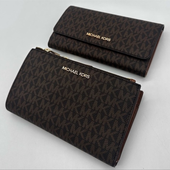 Michael Kors Lg Double Zip Wallet Wristlet & Trifold Wallet Brown | BUNDLE DEAL - Picture 1 of 13